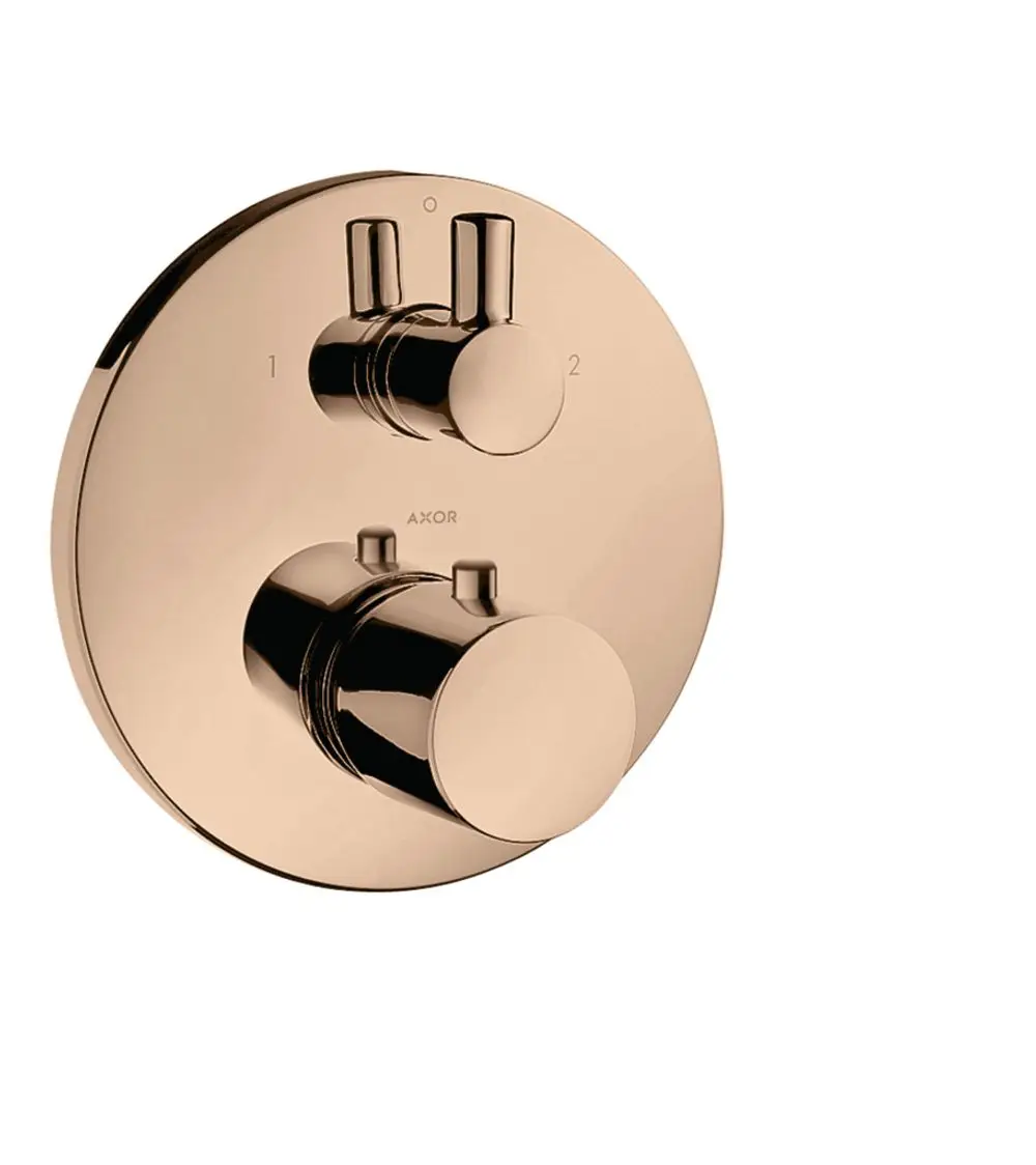 Thermostat mit zwei betätigbaren Reglern und einer runden, polierten Oberfläche in Rotgold. Das Produkt ist von der Marke AXOR.